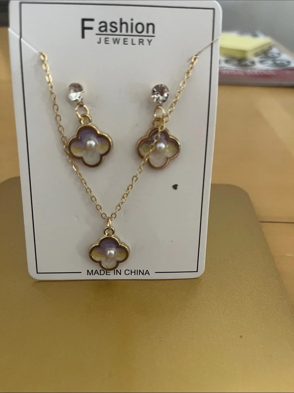 Fashion Jewelry Gold-Tone Purple Flower Pendant Necklace & Earrings Set